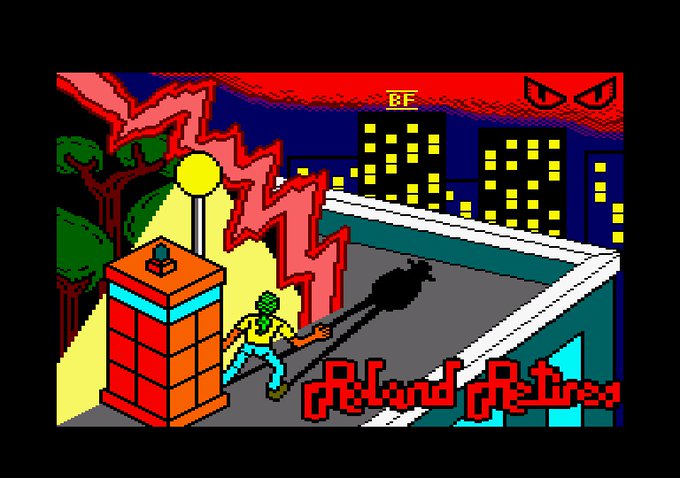 écran de chargement graphique de Roland Retires, un jeu Amstrad CPC par Brick Fabrik